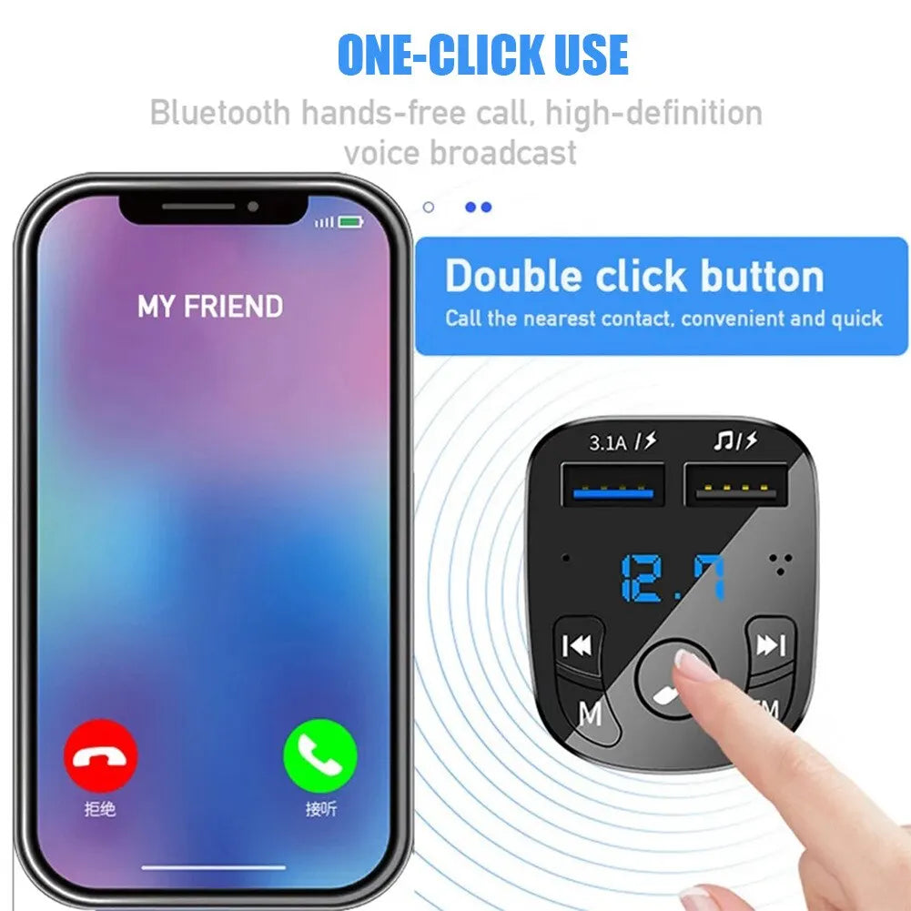 Bluetooth Car MP3 Player Dual USB Fast Charger - FM Transmitter & Receiver 5.0 - USB Flash Drive Plug & Play Kit