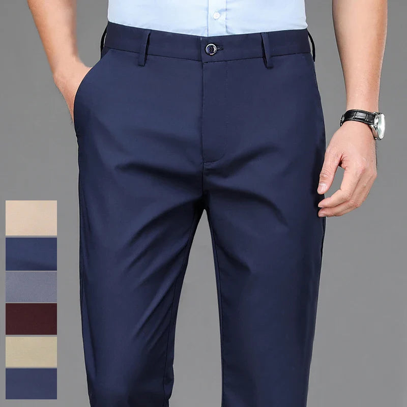 Men's Stretch Solid Black Pants - Smart Casual Office Trousers, Quick Dry Suit Pants for Spring & Autumn, Korean Straight Fit