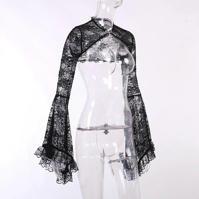 Lace Gothic See-Through Shrug Top – Black Flare Sleeve Crop Top, Vintage Punk Style for Women