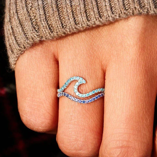 YILUOCD Blue Wave CZ Ring - Adjustable Cubic Zirconia Ocean Inspired Sea Wave Jewelry Gift for Women