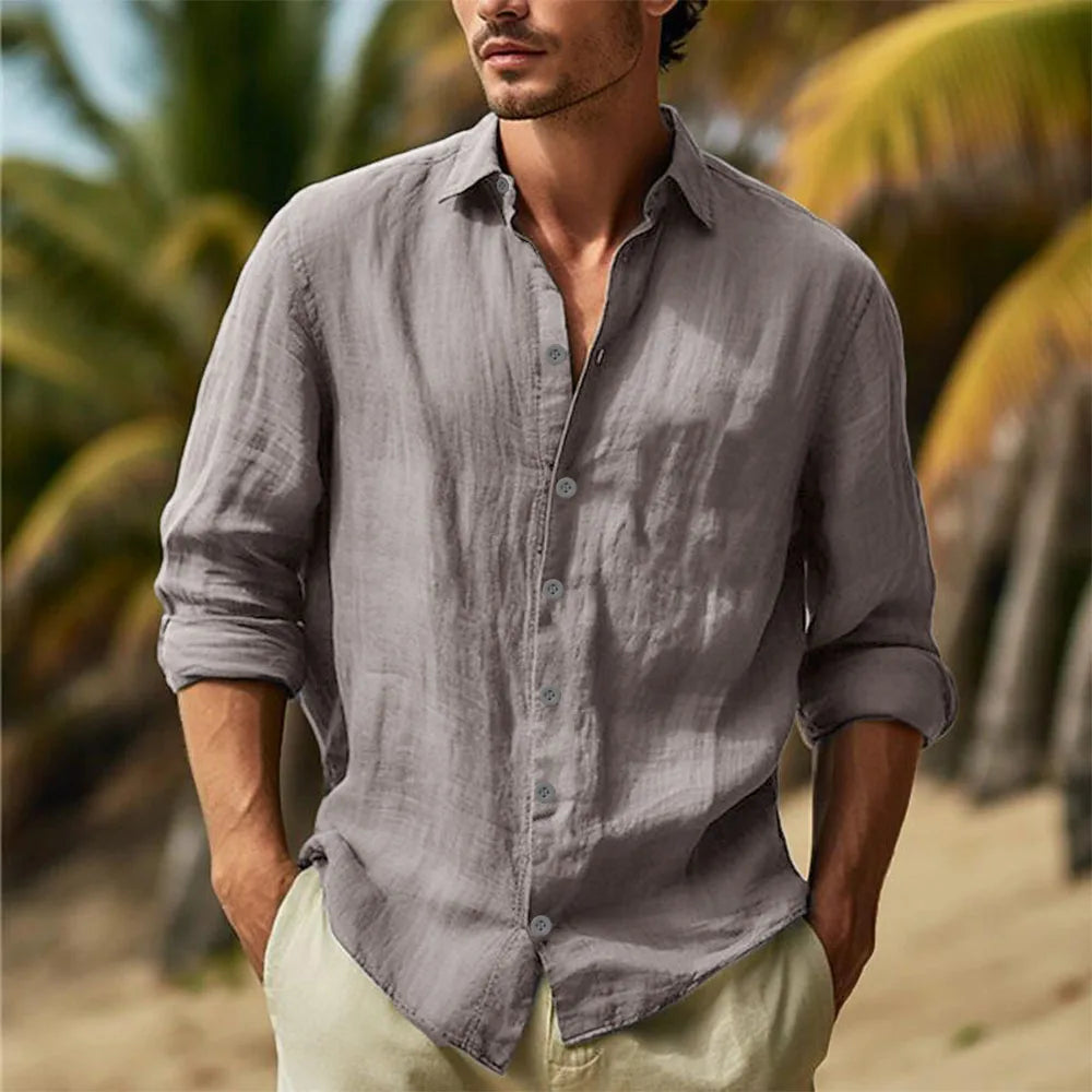 Men’s Cotton Linen Hawaiian Shirt - Lightweight Breathable Turn-Down Collar Casual White Streetwear Top