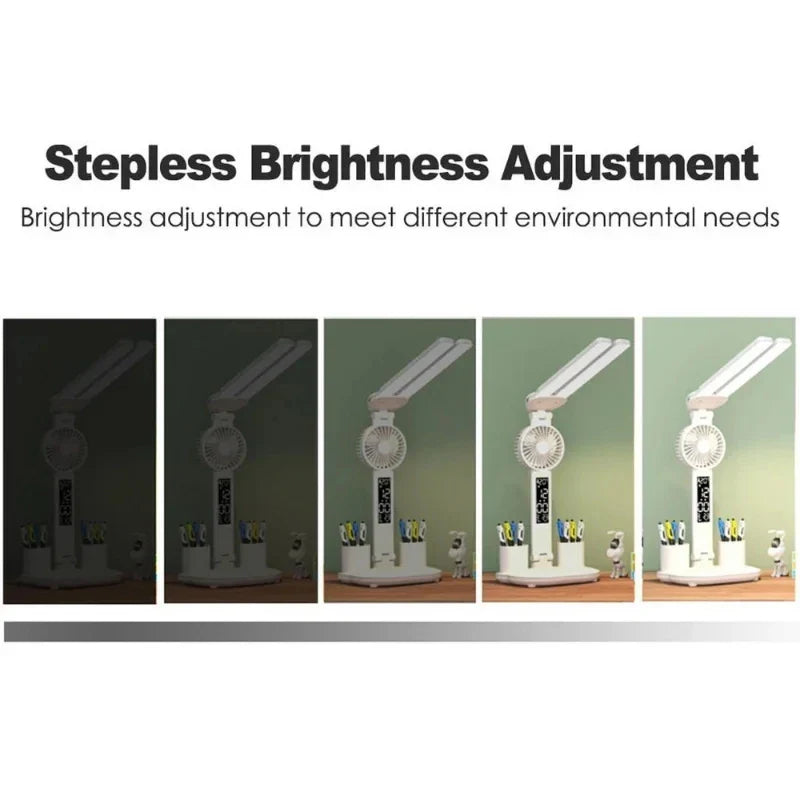 Rechargeable Table Lamp with Fan and LED Clock Display: Study Desk Lamp, Reading Light for LED Table Light