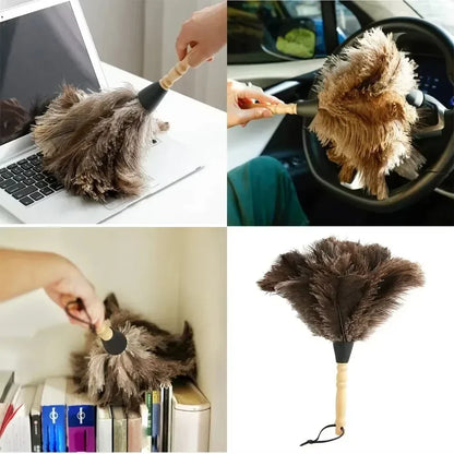 Ostrich Feather Duster - Wooden Handle Anti-Static Cleaning Brush for Home Dust Removal