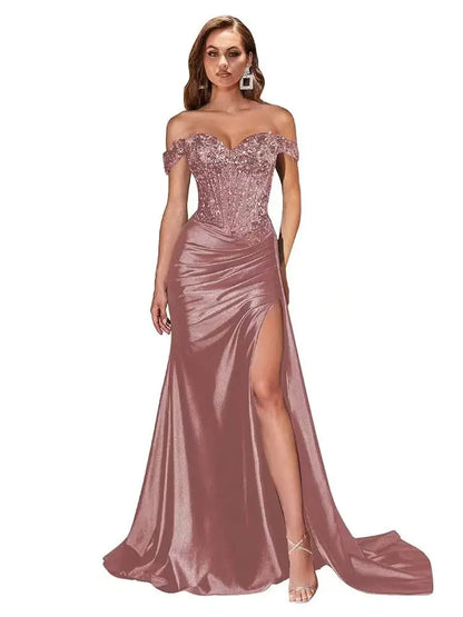Dark Navy Off-Shoulder Prom Dress – Sweetheart Beaded Lace Evening Gown with High Side Slit, 2025 Custom