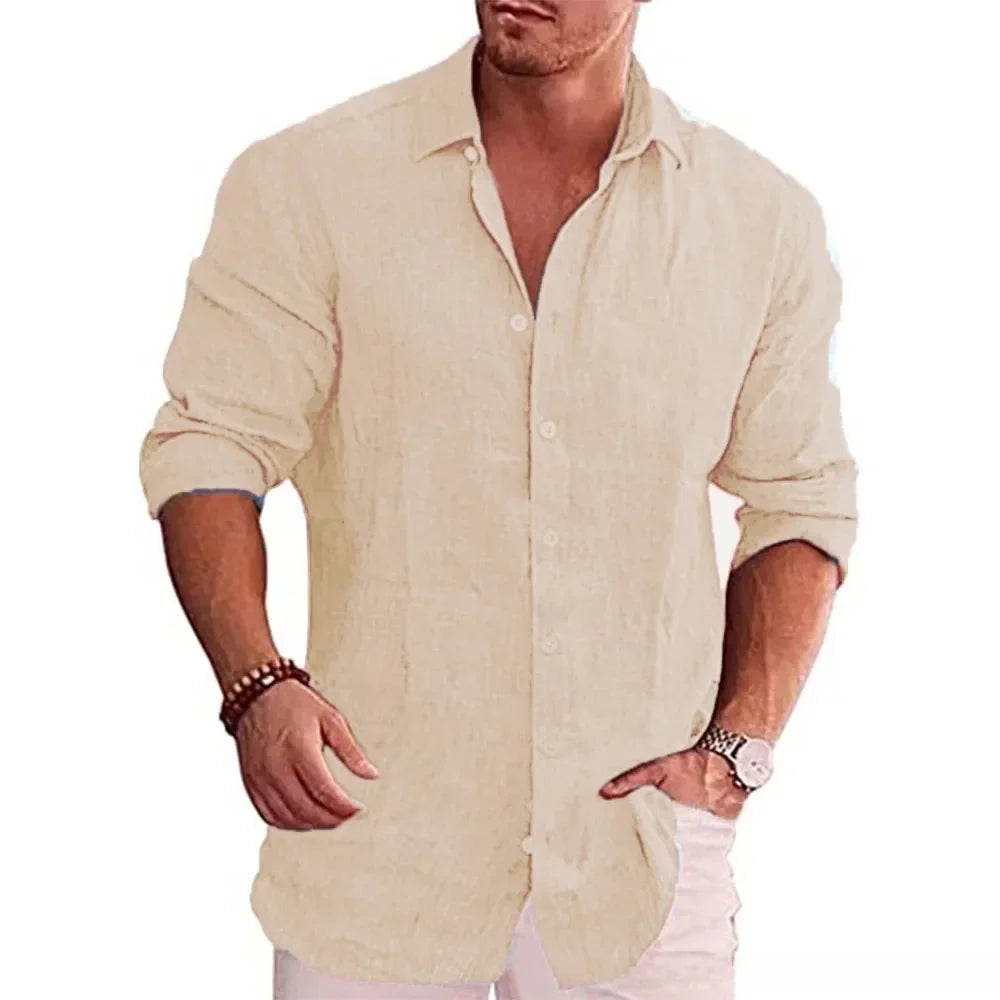 Men’s Cotton Linen Shirt - Long Sleeve Solid Color Casual Plus Size Autumn Top