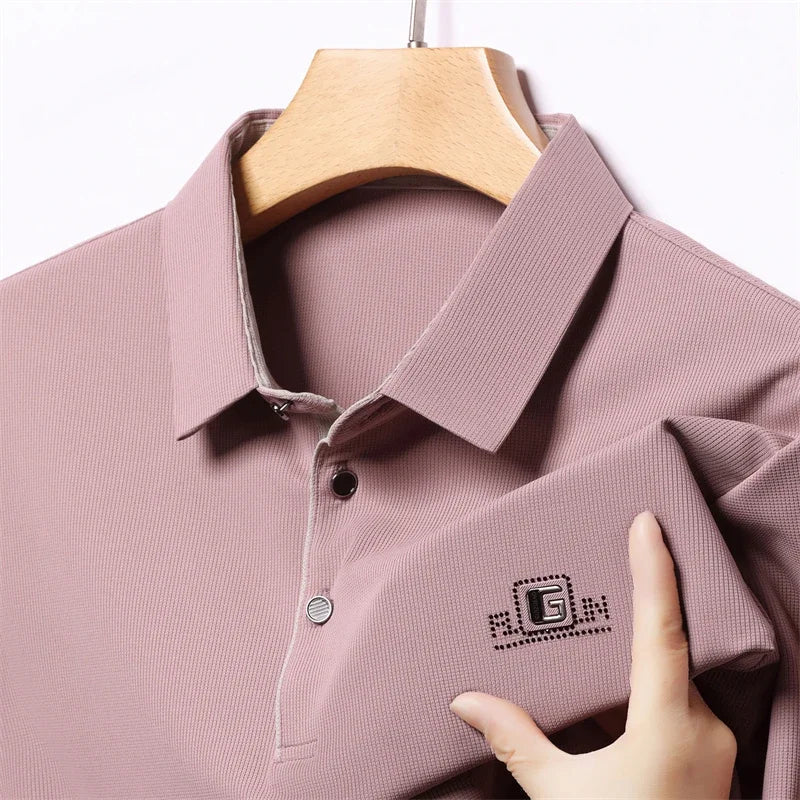 Men's Business Casual Short Sleeve Polo Shirt - Solid Color Breathable Badge Polo Top