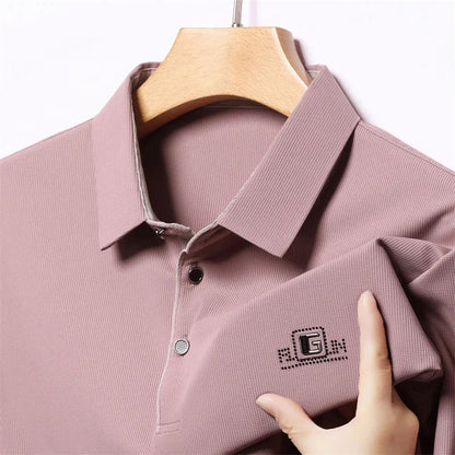 Men's Business Casual Short Sleeve Polo Shirt - Solid Color Breathable Badge Polo Top
