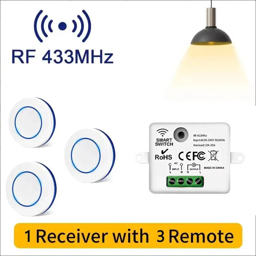 433MHz Wireless Relay Switch - 10A Remote Control Light Receiver with Wall Panel for LED Lamps 110V 220V