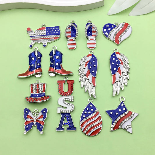10/13pcs Enamel Flag Charms - Alloy Independence Day Pendants for DIY Bracelets Necklaces & Jewelry Making
