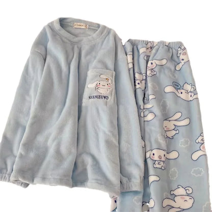 Sanrio Anime Flannel Pajamas - Cinnamoroll, Kuromi, My Melody Coral Velvet Pullover - Winter Warm Homewear for Girls