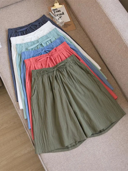 Women's Cotton High Waist Shorts - Soft Casual Summer Loose Fit Shorts with Pockets