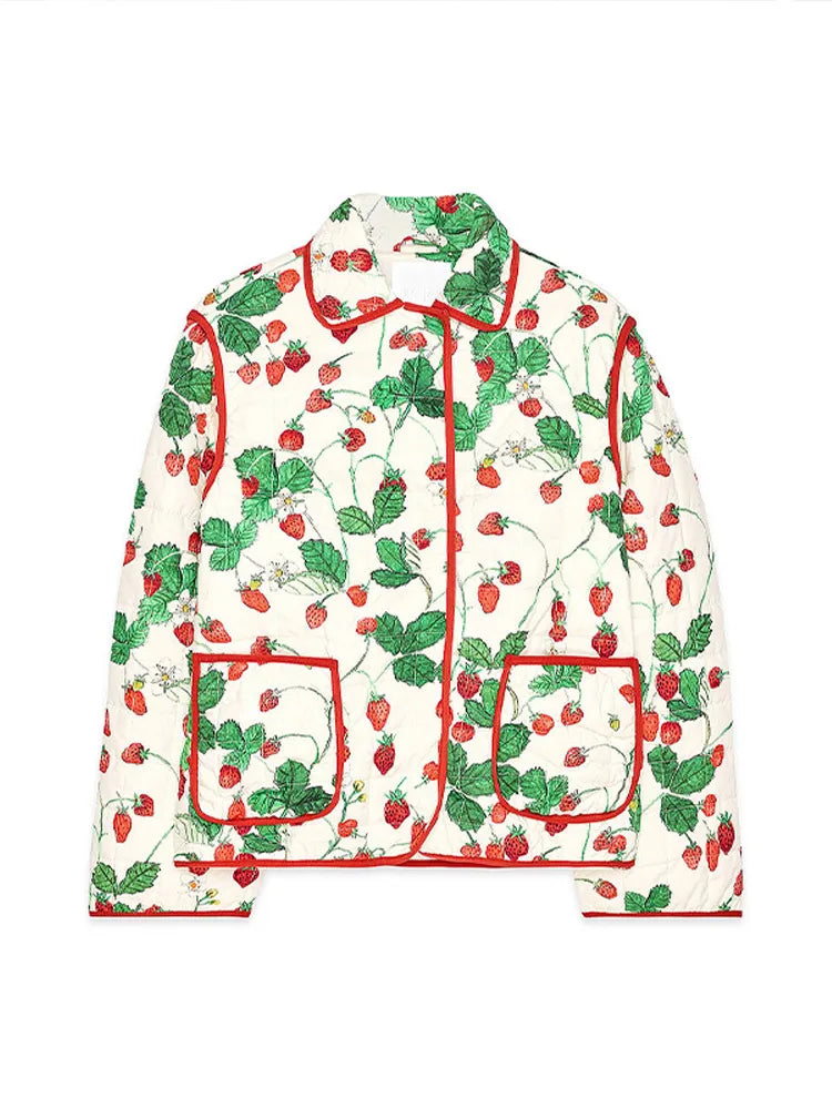 2025 Women’s Printed Quilted Padded Jacket – Collared Cotton Coat with Contrast Piped Pockets, Casual Autumn Outerwear
