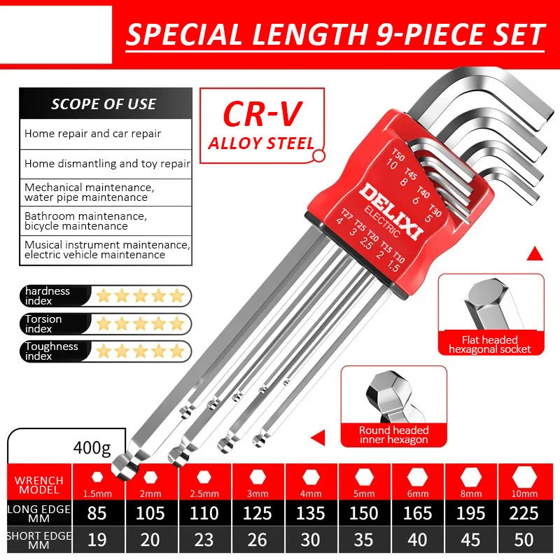 DELIXI ELECTRIC Allen Key Set - Metric Hex Wrench Screwdriver Kit with Long Torque Handles for Motorcycles & Bicycles