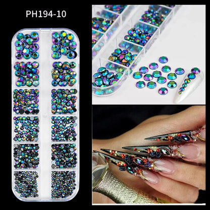 12-Grid Mixed Nail Rhinestones SS6-SS30 – Shiny Flat-Back Gems in Clear, Gold, Pink & Blue for Nail Art Decoration