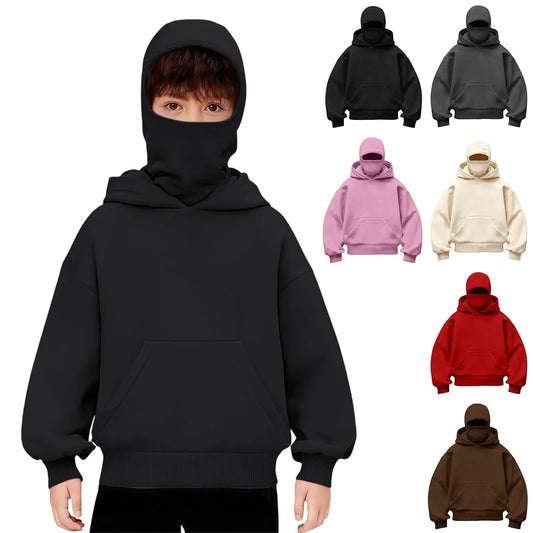 Kids Hooded Balaclava Sweatshirt - Harajuku Double Hat Long Sleeve Hoodie for Boys & Girls Ages 5-15