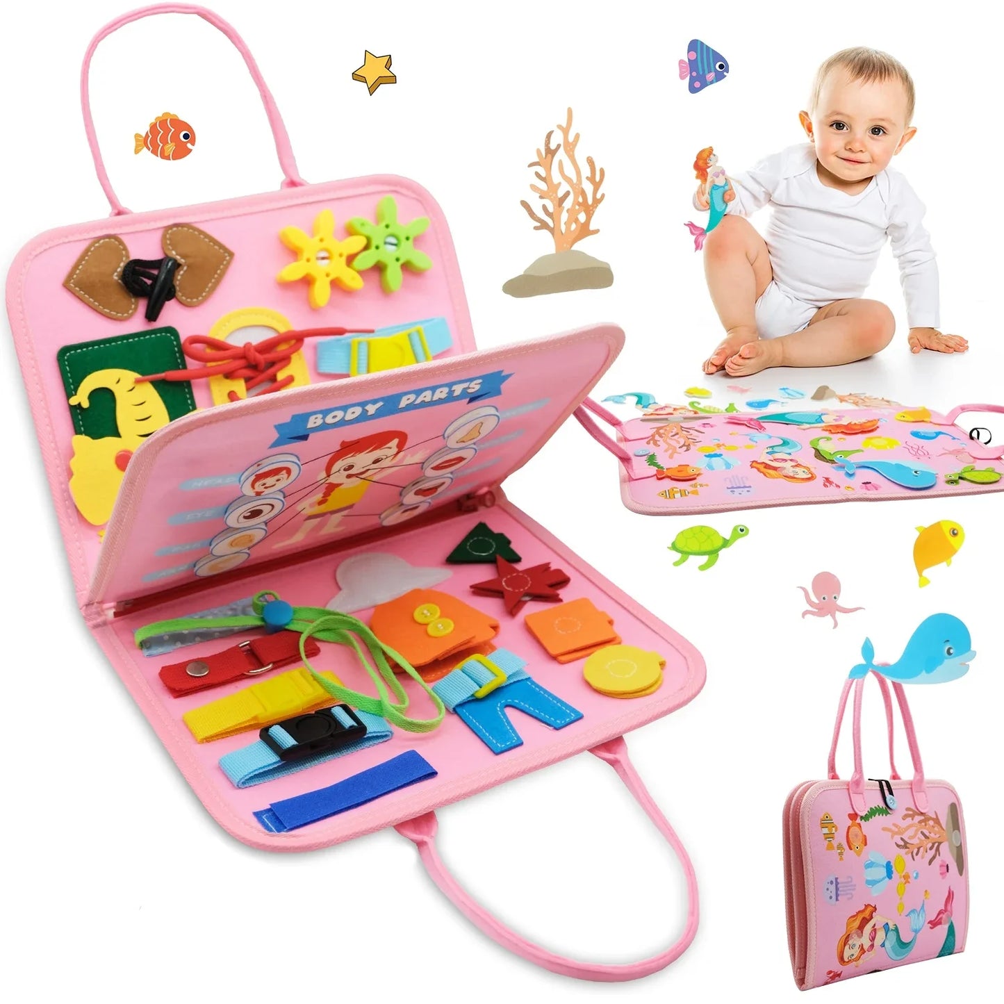 Montessori Toddler Busy Board – Educational Activity for Basic Dress Motor Skills, Baby Learning Toy for Travel