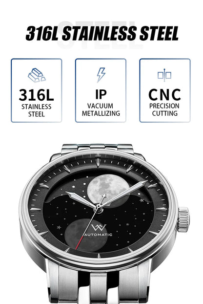 WM Welly Merck Automatic Mechanical Men's Watch — Lunar Moon Phase, Sapphire, Waterproof, Luminous Twin Moons WM142