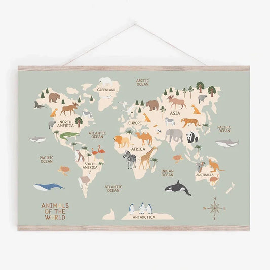 Pastel Animal World Map Canvas Wall Art – Educational Nordic Poster Print for Kids Room Decoration & Nursery Home Decor
