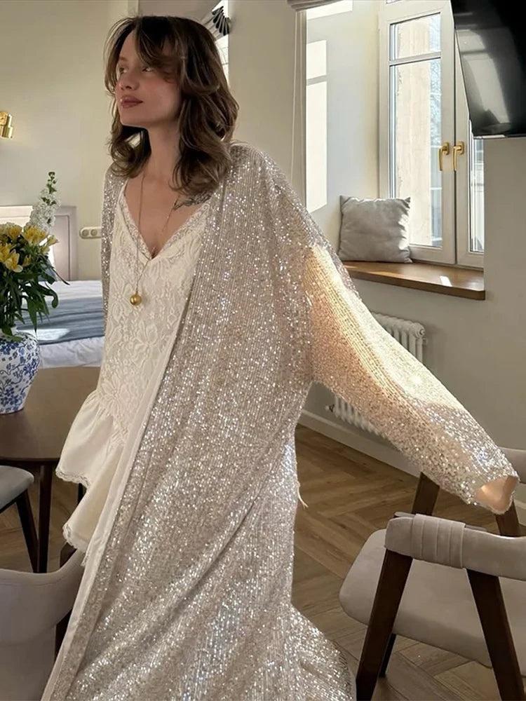 Women’s Sparkly Sequin Maxi Coat – Luxury Open Front Long Sleeve Outerwear