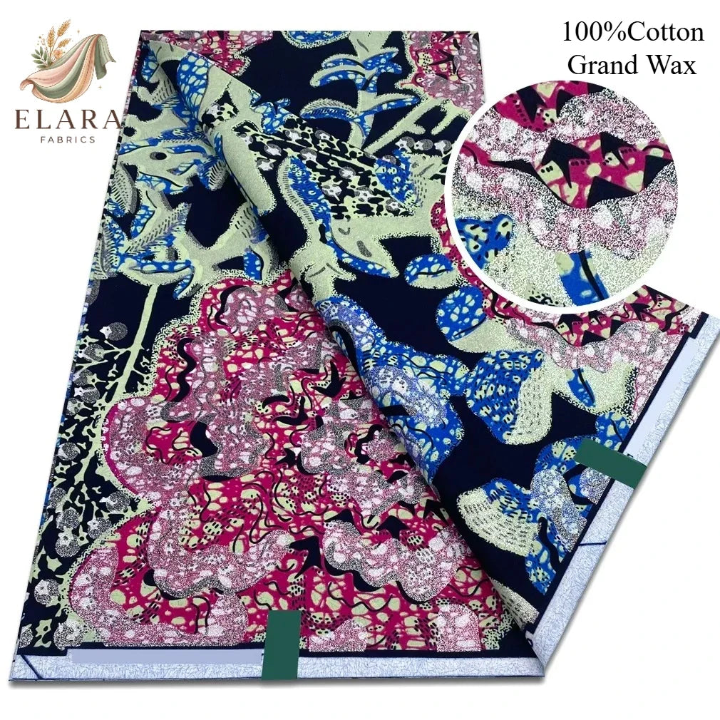 Grand Super African Wax Fabric - 100% Cotton Nigerian Glitter Glam Gold Ankara Print for Sewing