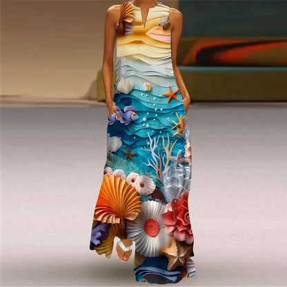 Women’s Retro V-Neck Summer Dress - Sleeveless Printed Maxi Swing Skirt with Loose Comfortable Fit