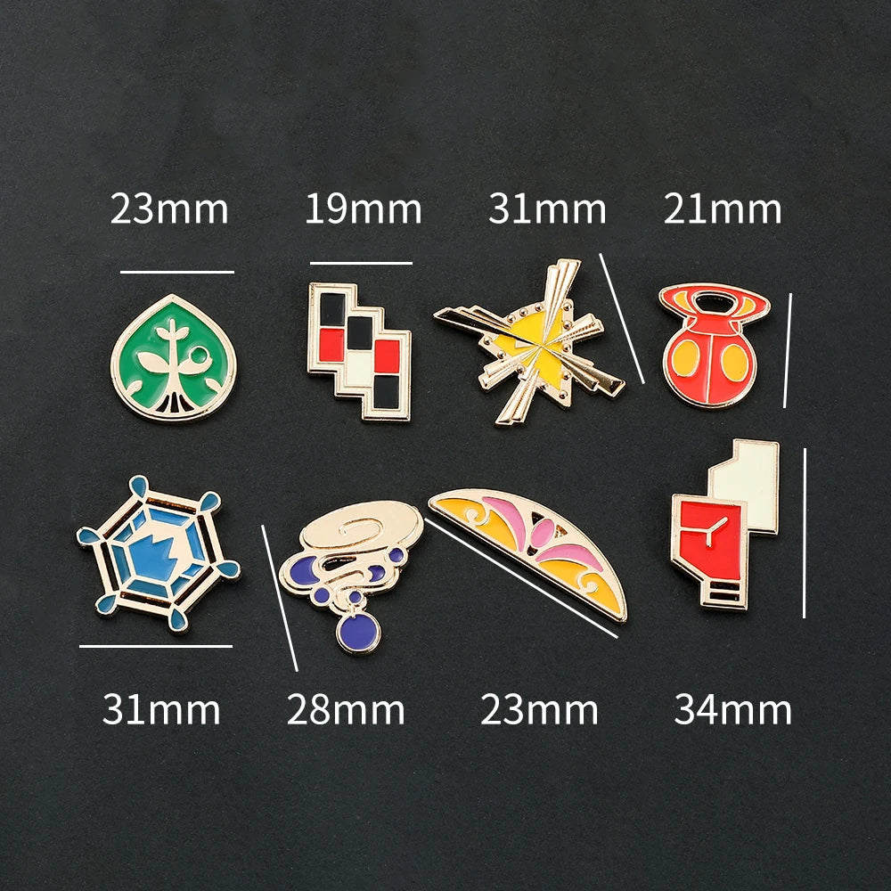 Pokemon Gym Badges Pin Set — Kanto, Johto, Hoenn, Sinnoh, Unova, Kalos & Orange Islands League Brooches with Box, Pocket Monster Collection