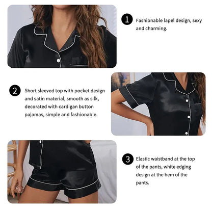Women's Satin Pajamas Set – Summer Two-Piece Sleepwear with Button-Down Top and Shorts, Comfortable Nightwear Loungewear