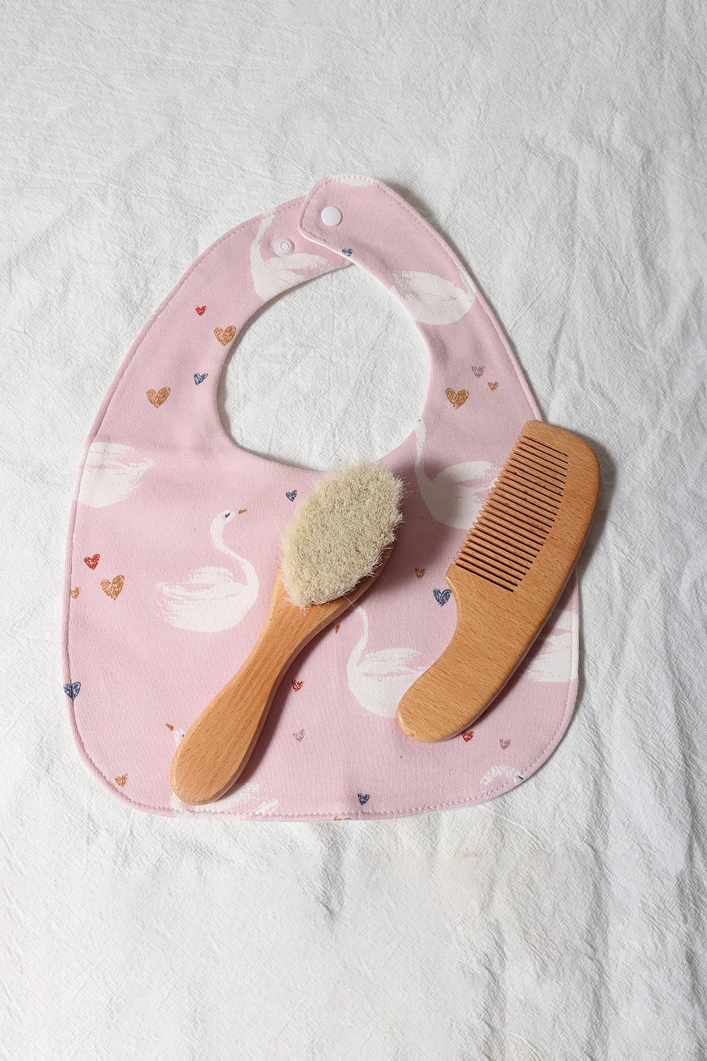 Baby Hair Care Gift Set - Natural Wool Brush, Wooden Comb, Bib and Pacifier Clip for Newborns