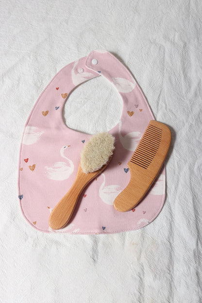 Baby Hair Care Gift Set - Natural Wool Brush, Wooden Comb, Bib and Pacifier Clip for Newborns