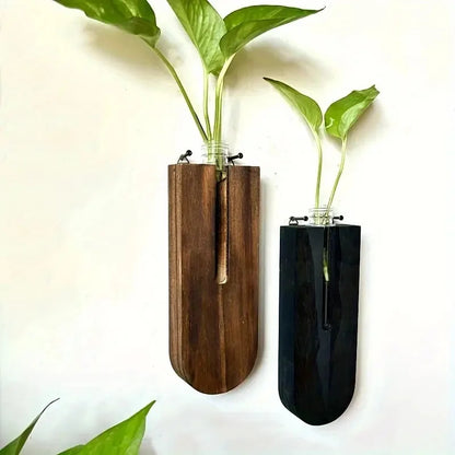 Wooden Hanging Planter Terrarium - Bohemian Wall Plant Vase with Wood Stand for Indoor Plant Propagation & Decor