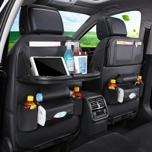 PU Leather Car Seat Back Organizer – Auto Storage Bag with Foldable Table Tray, Tablet Holder, and Tissue Box Pockets