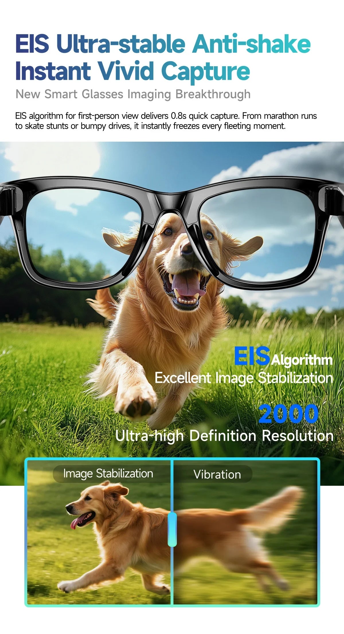 8MP Smart Glasses — AI Photo Recognition, Video Recording, Translation, Bluetooth, IP65 Waterproof, 270mAh Battery