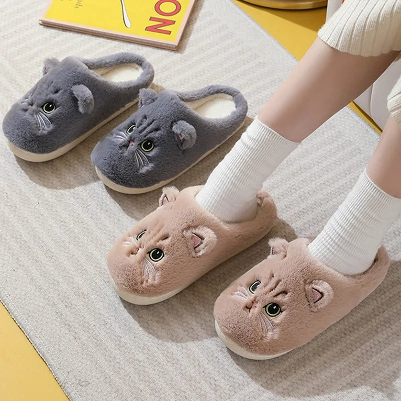 Cute Cat Plush Slippers - Fluffy Winter Indoor Home Shoes for Women & Men with Cozy Furry Design
