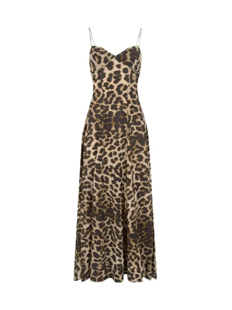 Elegant Leopard Print A-Line Long Dress – Y2K Backless Tube Top Summer Beach Dress for Women 2025