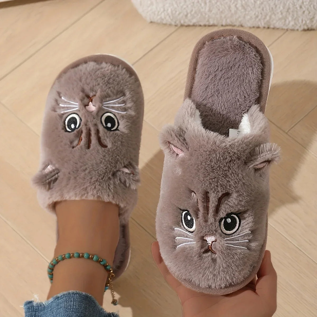 Women’s Plush Cat Slippers - Winter Warm Cozy Indoor House Shoes with Soft Non-Slip EVA Sole