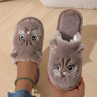 Women’s Plush Cat Slippers - Winter Warm Cozy Indoor House Shoes with Soft Non-Slip EVA Sole