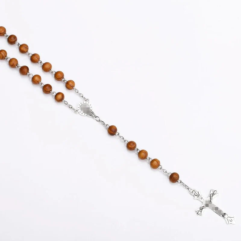 8mm Wood Rosary Beads Necklace – Catholic Jesus Christ Cross Crucifix Pendant Long Chain Religious Jewelry for Men & Women