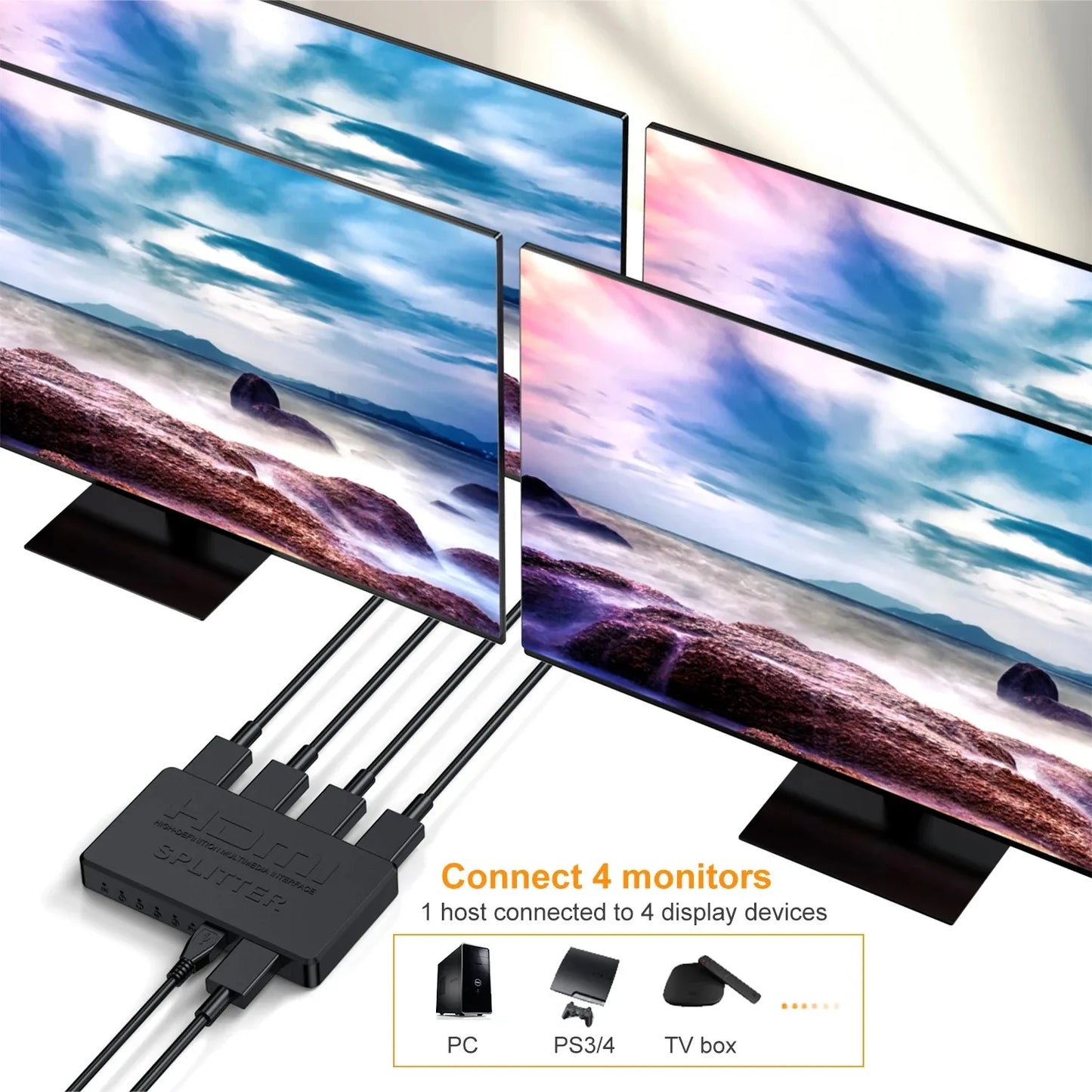 4K HDMI Splitter 1 in 4 Out – HD Video Switcher, HDMI-Compatible Cable Adapter Hub for PS4, Laptop, TV, Monitor, Projector