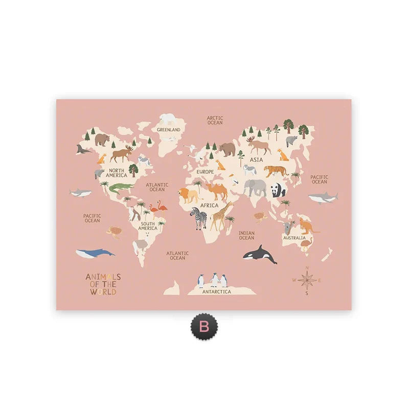 Pastel Animal World Map Canvas Wall Art – Educational Nordic Poster Print for Kids Room Decoration & Nursery Home Decor