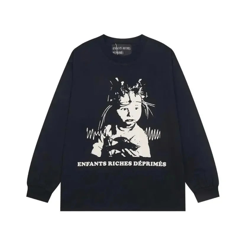 Washed Casual Hoodie Sweatshirt — Unisex Loose-Fit Street Style Crew Neck with Lip Print Letter Design, Vintage Comfortable Top