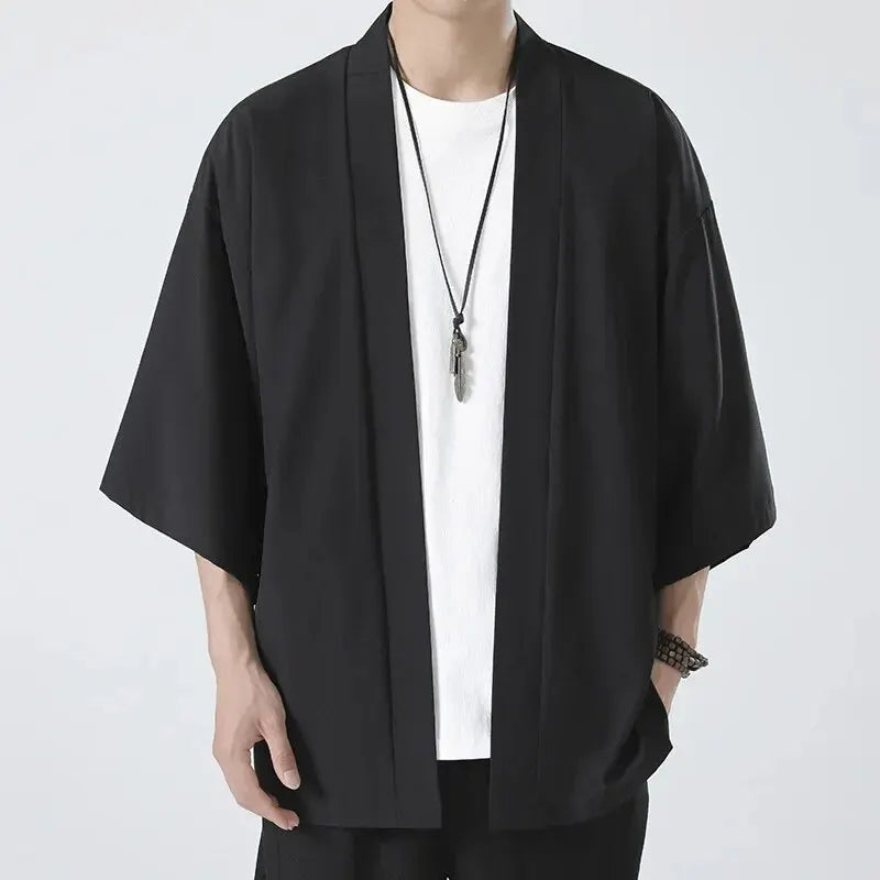 Men’s Casual Open Stitch Shirt - Lightweight Black Yukata Cardigan with 3/4 Sleeves for Summer Vacation