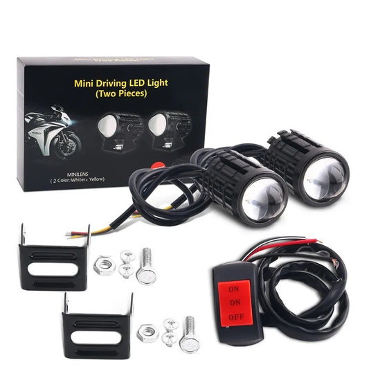 2PCS Universal Motorcycle LED Projector Headlights - Dual Color ATV Scooter Fog Light Auxiliary Driving Spotlight Lamp