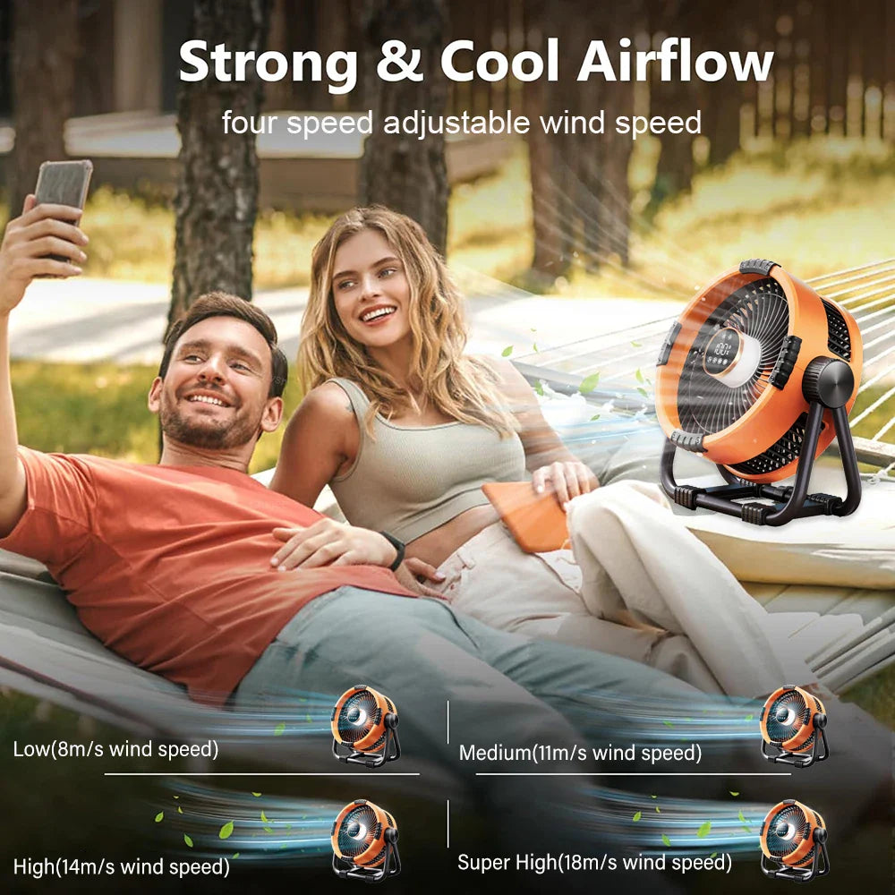 Camping Fan 20000mAh – Rechargeable Portable Outdoor Tent Fan with Air Circulator, Wireless Ceiling Fan, Hook, and Light