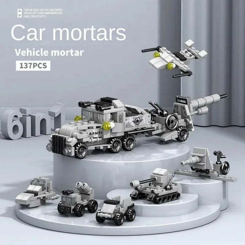 6-in-1 Police Truck Mech Dinosaur Building Blocks - Tank, Helicopter & Fire Truck Educational Toy