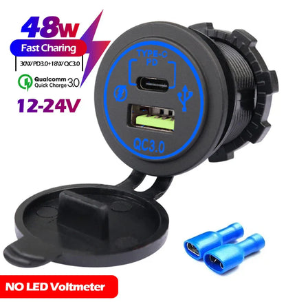 48W Quick Charge 3.0 Waterproof USB Car Charger 12V/24V PD Type-C + QC3.0 Dual USB Fast Charging Socket with LED Voltmeter for Cars, Trucks & Boats