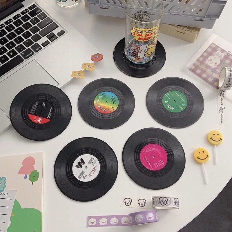 2/4/6PCS Retro Vinyl Record Drink Coasters | Anti-Slip Heat Resistant Mug Mats | Music-Themed Coffee Table Placemats Decor