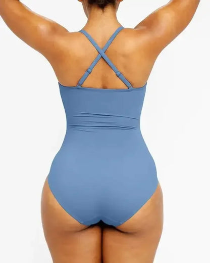 Smart Sculpt U-Ring One Piece Swimsuit - Shiny V-Neck Ruching Waist Backless Shaping Beachwear