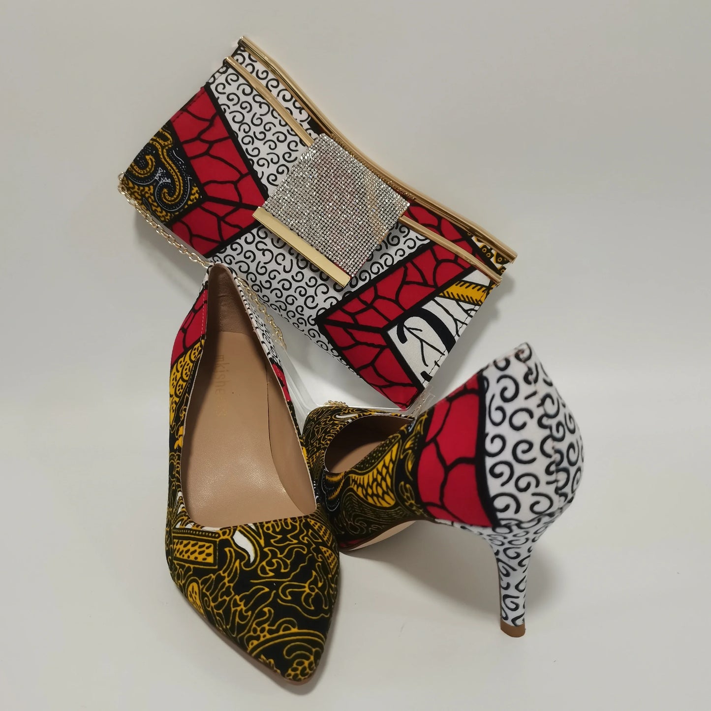 African Kente Print Women’s Shoe & Purse Set - Ankara Wax Print High Heels for Parties, Sizes 37-42