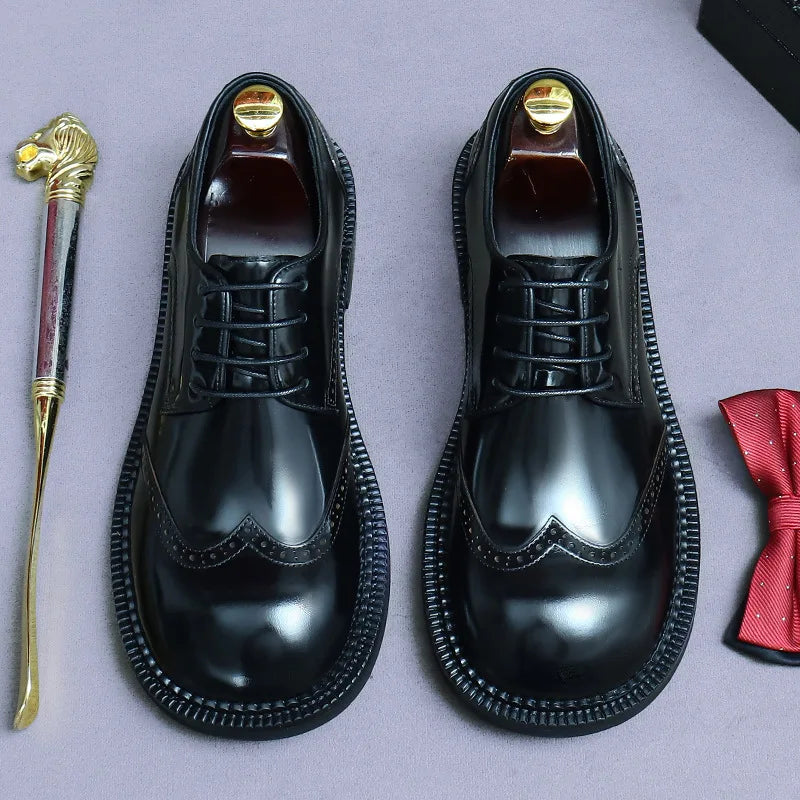 Men's Retro Genuine Leather Brogue Shoes - Handmade Round Toe Flat Dress Shoes for Weddings & Formal Occasions