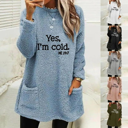 Women's Oversized Fleece Sweatshirt - Letter Print Pocket Long Sleeve Cozy Pullover